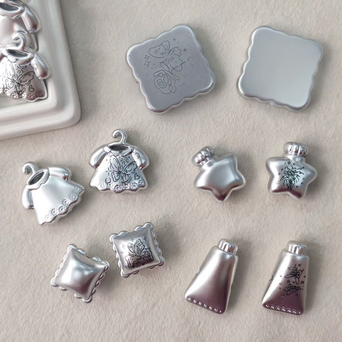 Matte Silver Resin Charms - Dress, Perfume Bottle & Pillow Shapes DIY Findings