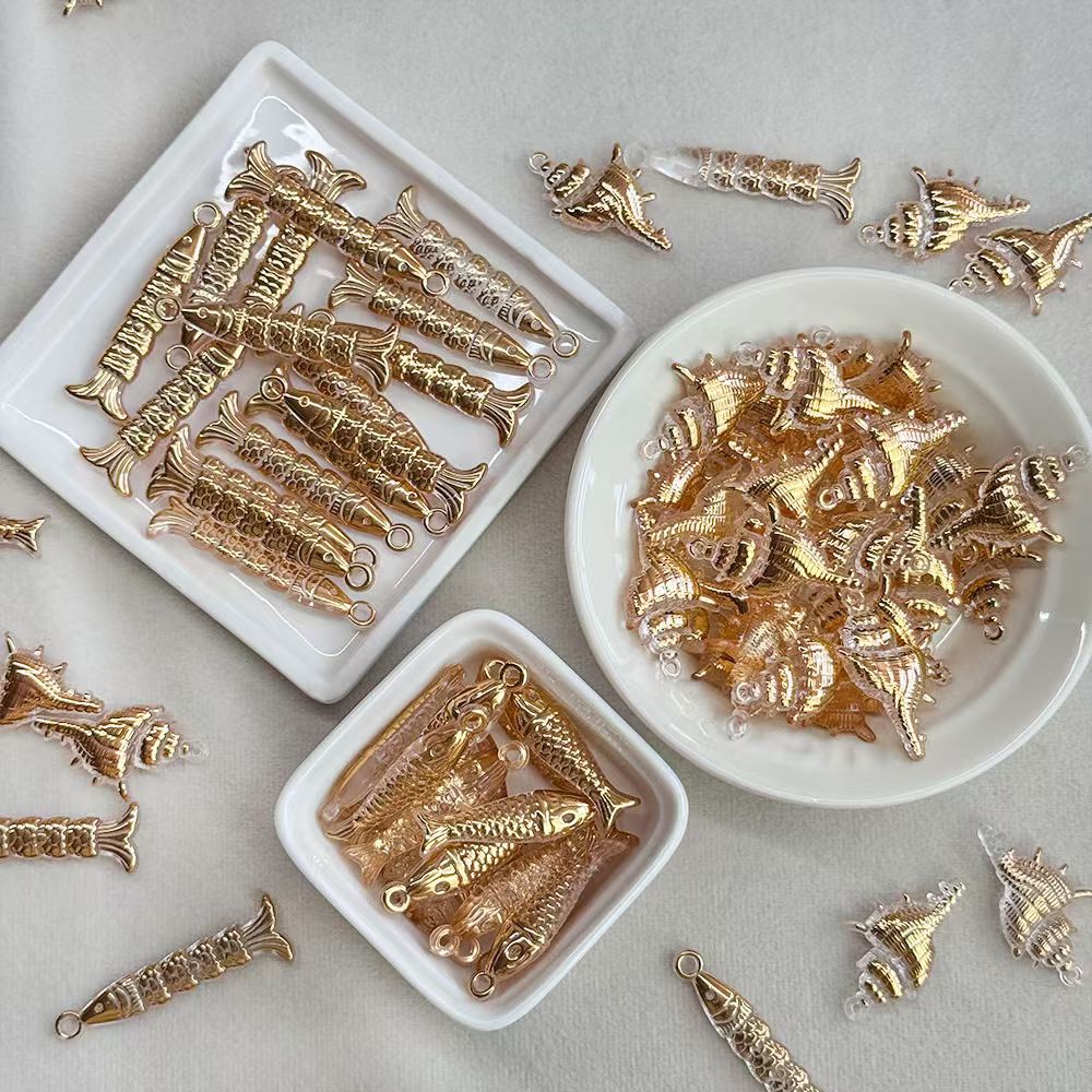 Gold Fish & Conch Charms Set - Segmented Fish & Seashell DIY Jewelry Pendants