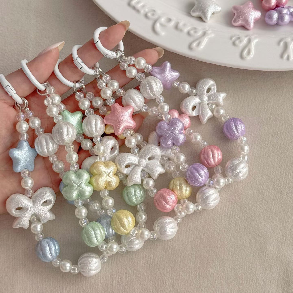 Pearl Beaded Charm Keychains - Star, Clover & Bow Mix (6 Pastel Colors)