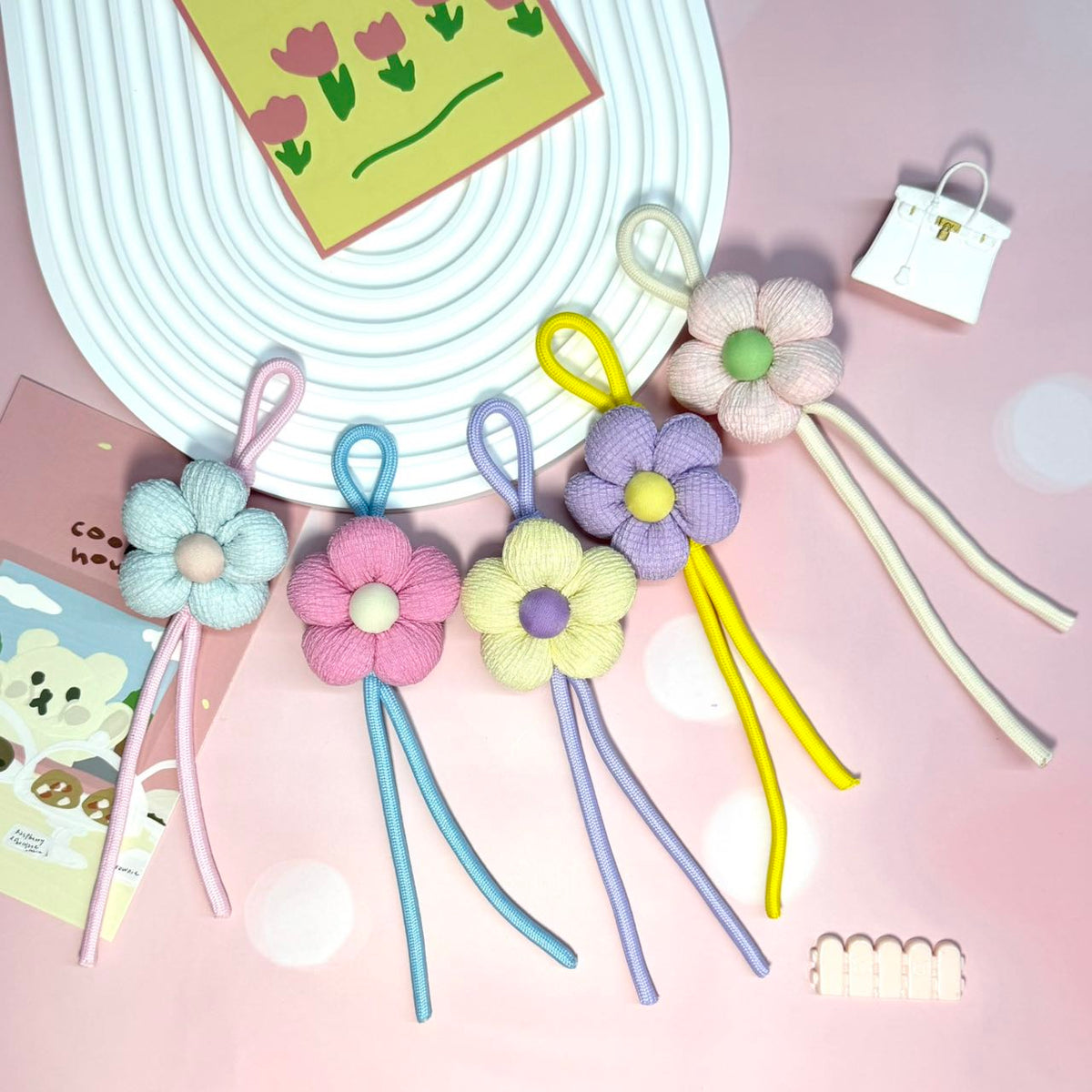 Macaron Fabric Flower Pendant Keychains | Pastel Ruffled Flower Charms for Wholesale
