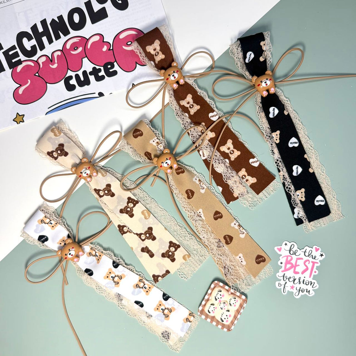 Bear Print Lace Bow Hair Clips | Cute Teddy Bow Hair Accessories with Heart Print