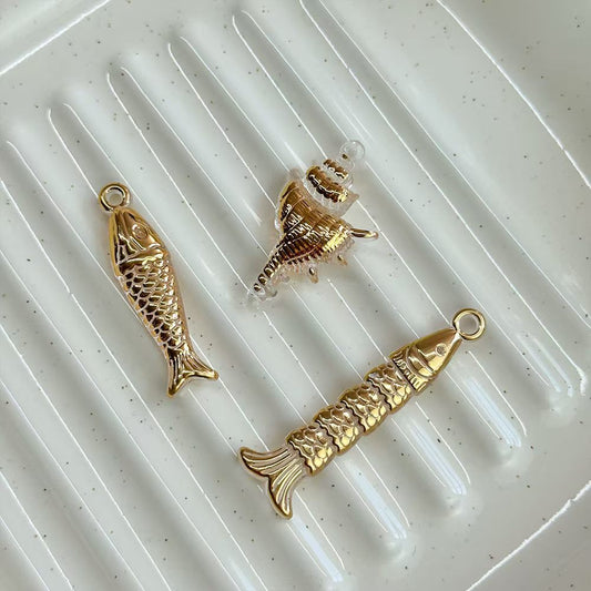 Gold Fish & Conch Charms Set - Segmented Fish & Seashell DIY Jewelry Pendants