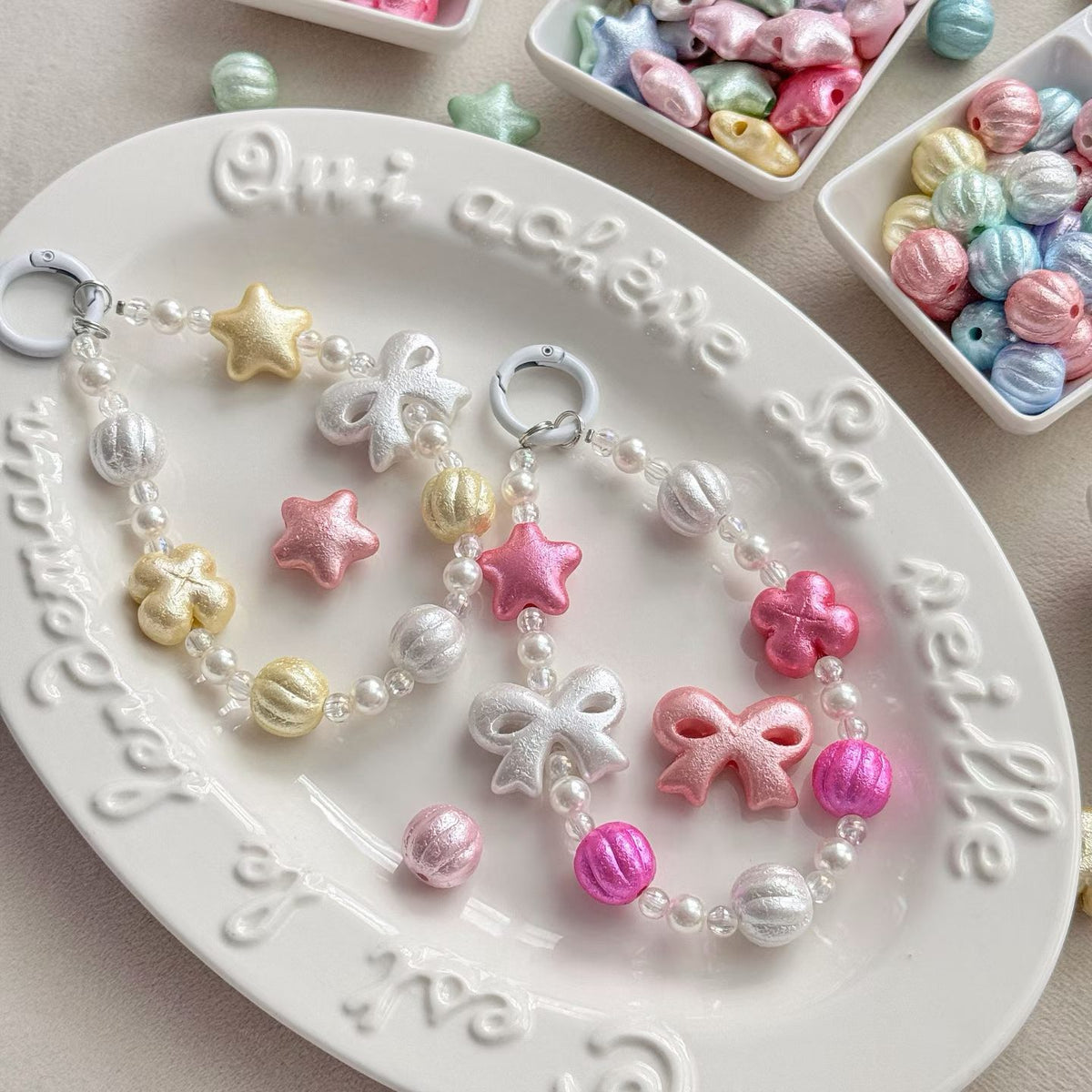 Pearl Beaded Charm Keychains - Star, Clover & Bow Mix (6 Pastel Colors)