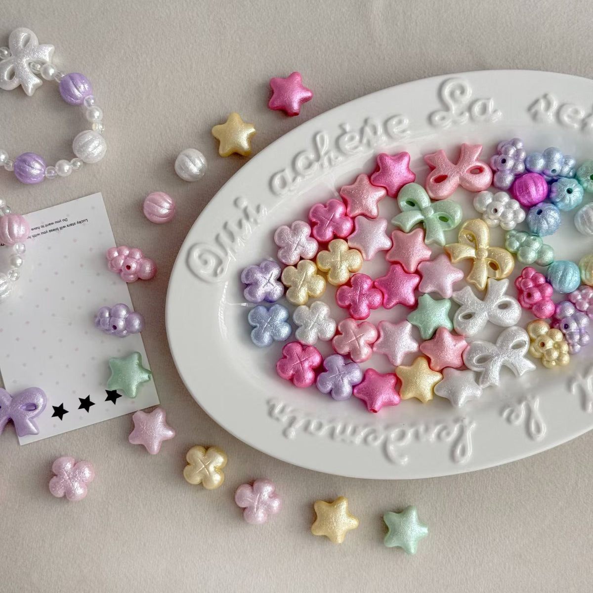 Pearl Beaded Charm Keychains - Star, Clover & Bow Mix (6 Pastel Colors)