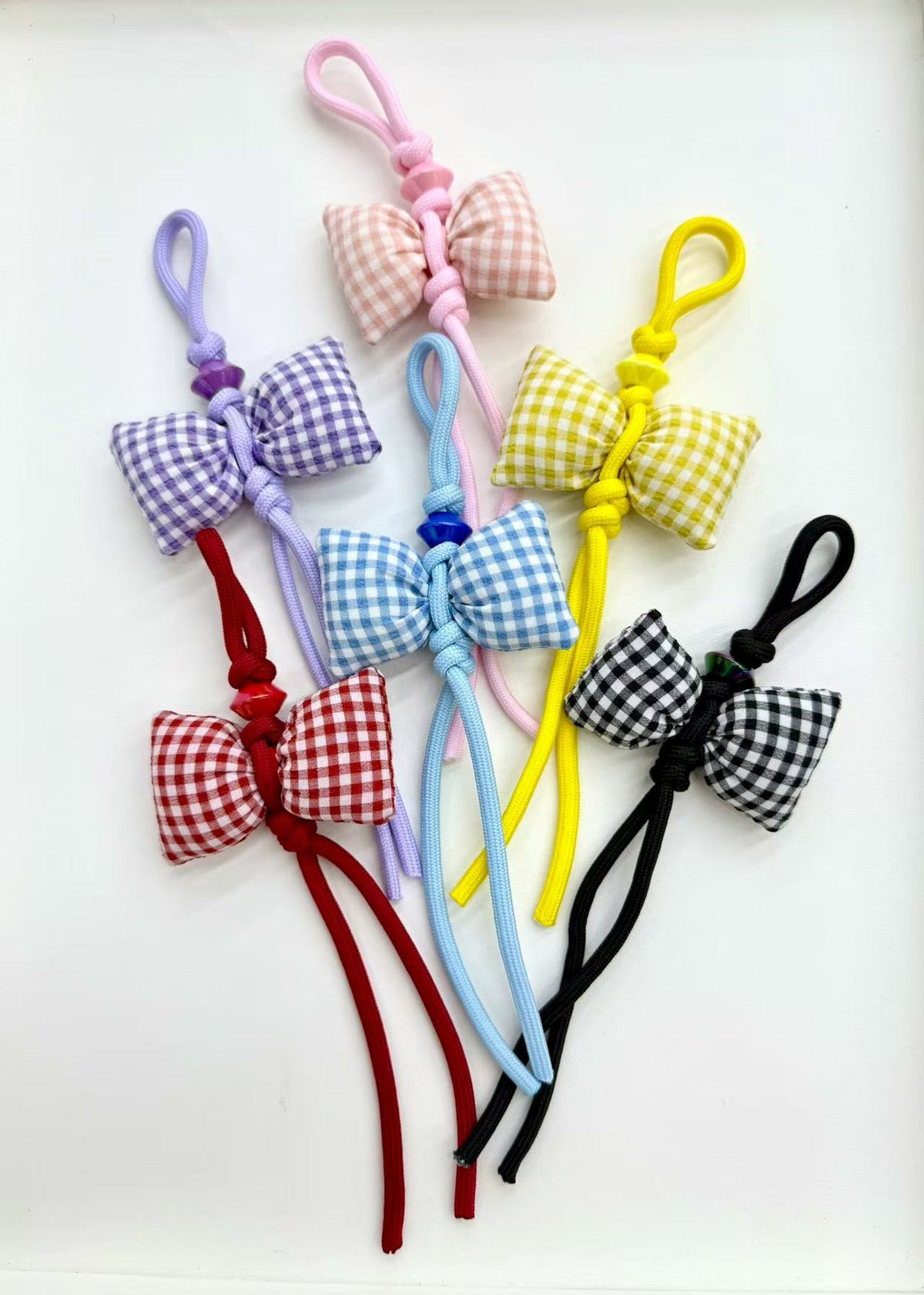 Handmade Plaid Bow Charm Keychains | Braided Rope Charms with Beads for Gift Shops & Boutiques