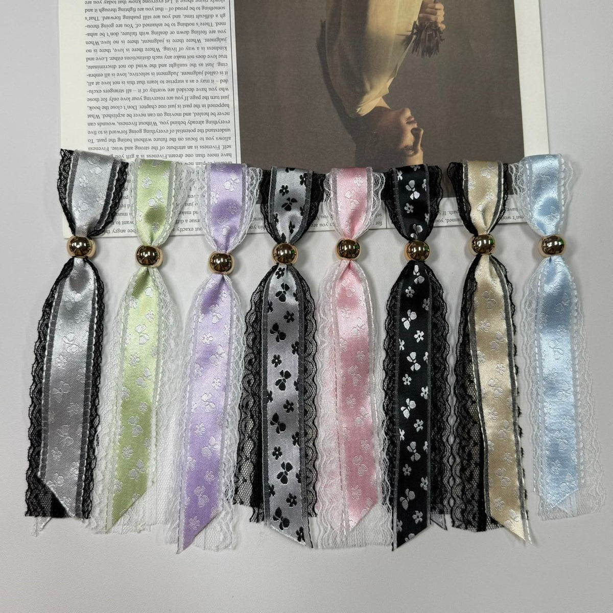 Floral Satin Bow Hair Clips | Lace Bow Clips with Metal Beads in 8 Tones