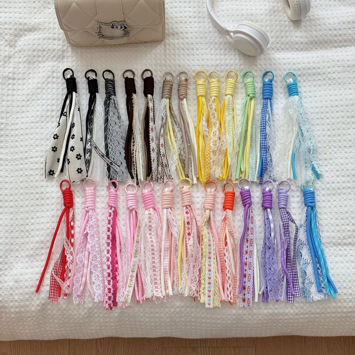 Fabric Tassel Keychains | Handmade Lace & Plaid Tassel Charms in 2 Rows