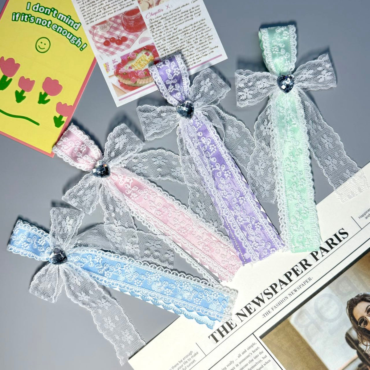 Lace Bow Hair Clips with Crystal Heart | Pastel Bow Hair Accessories for DIY Gift Shops